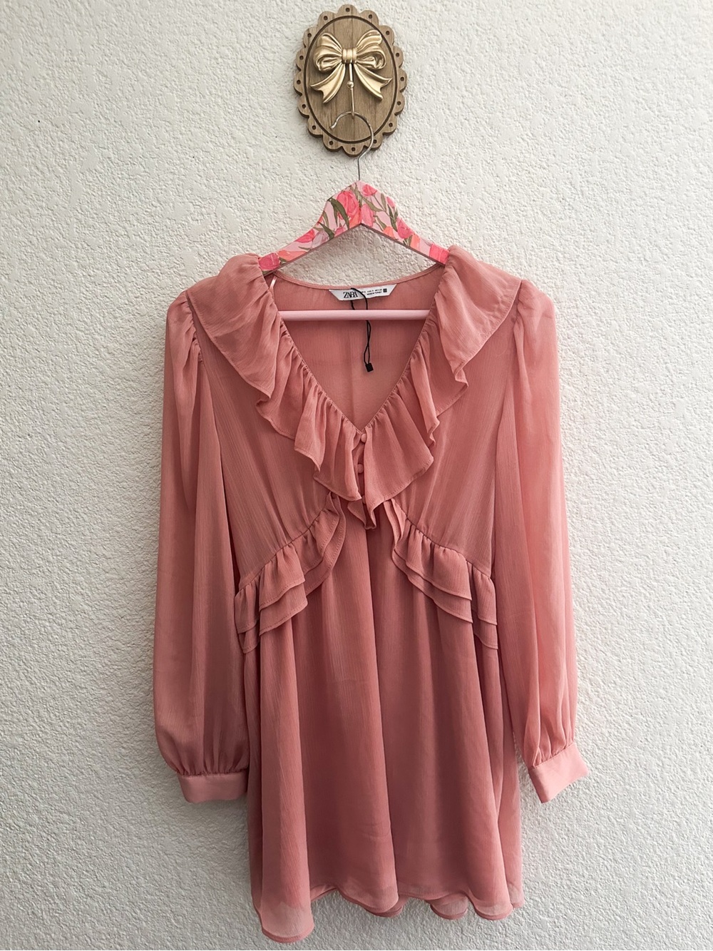 Zara Pink Ruffle V-Neck Long Sleeve Dress